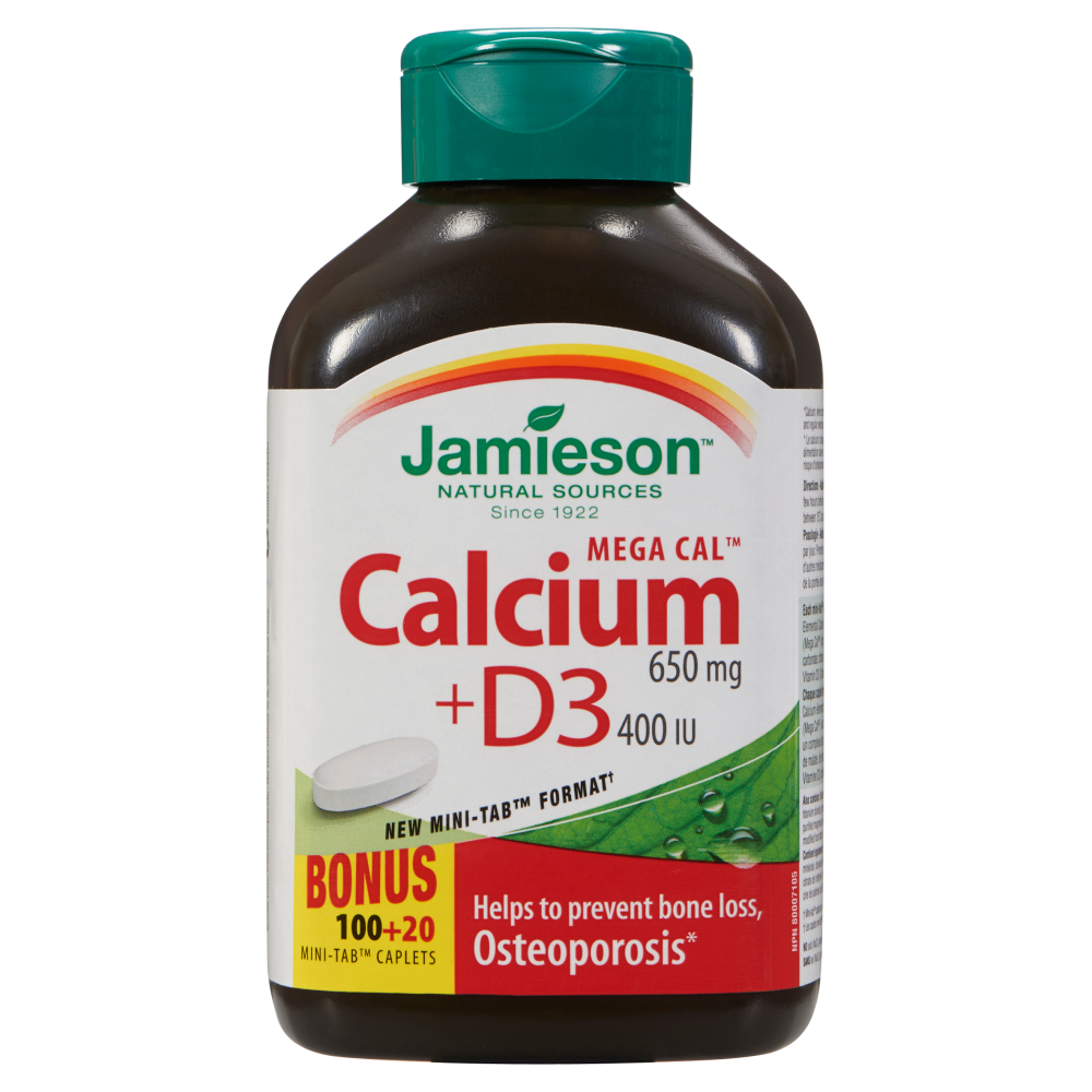 Jamieson Mega Cal Calcium + D3 400 IU 650 mg 100+20 Mini Tab Caplets